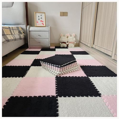 30 Stück 12 x 12 Zoll große ineinander greifende Plüsch-Teppichfliesen, Bodenmatte aus weichem Schaumstoff mit Quadraten, Flauschige Puzzle-Spielmatte aus Schaumstoff(Black+pink+White) von XUZWMAGZJ