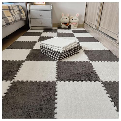 30 Stück 12 x 12 Zoll große ineinander greifende Plüsch-Teppichfliesen, Bodenmatte aus weichem Schaumstoff mit Quadraten, Flauschige Puzzle-Spielmatte aus Schaumstoff(Gray+White) von XUZWMAGZJ
