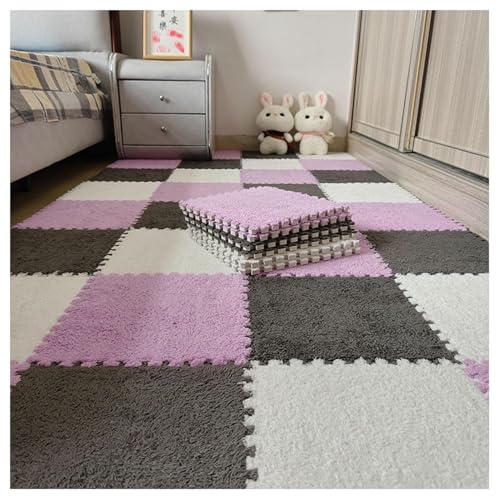 30 Stück 12 x 12 Zoll große ineinander greifende Plüsch-Teppichfliesen, Bodenmatte aus weichem Schaumstoff mit Quadraten, Flauschige Puzzle-Spielmatte aus Schaumstoff(Gray+White+Light Purple) von XUZWMAGZJ