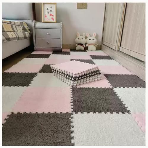 30 Stück 12 x 12 Zoll große ineinander greifende Plüsch-Teppichfliesen, Bodenmatte aus weichem Schaumstoff mit Quadraten, Flauschige Puzzle-Spielmatte aus Schaumstoff(Gray+pink+White) von XUZWMAGZJ