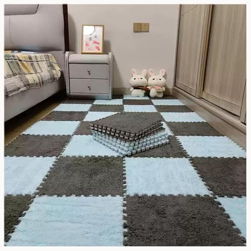 30 Stück 12 x 12 Zoll große ineinander greifende Plüsch-Teppichfliesen, Bodenmatte aus weichem Schaumstoff mit Quadraten, Flauschige Puzzle-Spielmatte aus Schaumstoff(Light Blue+Gray) von XUZWMAGZJ