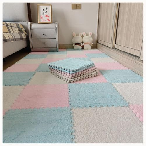30 Stück 12 x 12 Zoll große ineinander greifende Plüsch-Teppichfliesen, Bodenmatte aus weichem Schaumstoff mit Quadraten, Flauschige Puzzle-Spielmatte aus Schaumstoff(Light Blue+pink+White) von XUZWMAGZJ