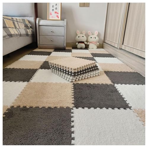 30 Stück 12 x 12 Zoll große ineinander greifende Plüsch-Teppichfliesen, Bodenmatte aus weichem Schaumstoff mit Quadraten, Flauschige Puzzle-Spielmatte aus Schaumstoff(Light Brown+White+Gray) von XUZWMAGZJ