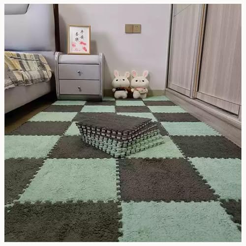 30 Stück 12 x 12 Zoll große ineinander greifende Plüsch-Teppichfliesen, Bodenmatte aus weichem Schaumstoff mit Quadraten, Flauschige Puzzle-Spielmatte aus Schaumstoff(Light Green+Gray) von XUZWMAGZJ