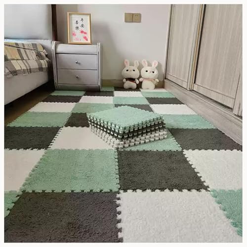 30 Stück 12 x 12 Zoll große ineinander greifende Plüsch-Teppichfliesen, Bodenmatte aus weichem Schaumstoff mit Quadraten, Flauschige Puzzle-Spielmatte aus Schaumstoff(Light Green+Gray+White) von XUZWMAGZJ