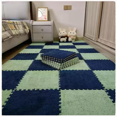 30 Stück 12 x 12 Zoll große ineinander greifende Plüsch-Teppichfliesen, Bodenmatte aus weichem Schaumstoff mit Quadraten, Flauschige Puzzle-Spielmatte aus Schaumstoff(Light Green+Navy Blue) von XUZWMAGZJ
