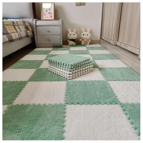 30 Stück 12 x 12 Zoll große ineinander greifende Plüsch-Teppichfliesen, Bodenmatte aus weichem Schaumstoff mit Quadraten, Flauschige Puzzle-Spielmatte aus Schaumstoff(Light Green+White) von XUZWMAGZJ