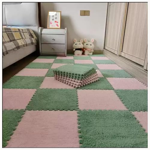 30 Stück 12 x 12 Zoll große ineinander greifende Plüsch-Teppichfliesen, Bodenmatte aus weichem Schaumstoff mit Quadraten, Flauschige Puzzle-Spielmatte aus Schaumstoff(Light Green+pink) von XUZWMAGZJ