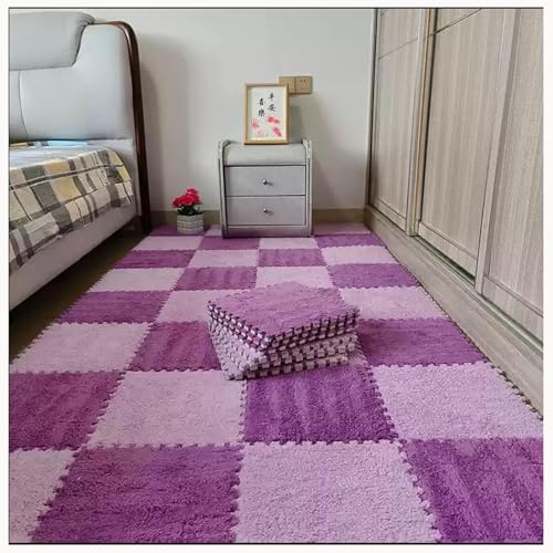 30 Stück 12 x 12 Zoll große ineinander greifende Plüsch-Teppichfliesen, Bodenmatte aus weichem Schaumstoff mit Quadraten, Flauschige Puzzle-Spielmatte aus Schaumstoff(Light Purple+Dark Purple) von XUZWMAGZJ
