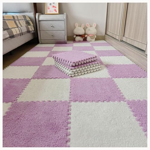 30 Stück 12 x 12 Zoll große ineinander greifende Plüsch-Teppichfliesen, Bodenmatte aus weichem Schaumstoff mit Quadraten, Flauschige Puzzle-Spielmatte aus Schaumstoff(Light Purple+White) von XUZWMAGZJ
