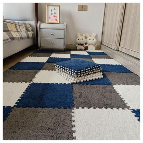 30 Stück 12 x 12 Zoll große ineinander greifende Plüsch-Teppichfliesen, Bodenmatte aus weichem Schaumstoff mit Quadraten, Flauschige Puzzle-Spielmatte aus Schaumstoff(Navy Blue+Gray+White) von XUZWMAGZJ