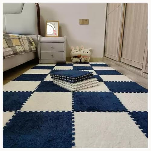 30 Stück 12 x 12 Zoll große ineinander greifende Plüsch-Teppichfliesen, Bodenmatte aus weichem Schaumstoff mit Quadraten, Flauschige Puzzle-Spielmatte aus Schaumstoff(Navy Blue+White) von XUZWMAGZJ