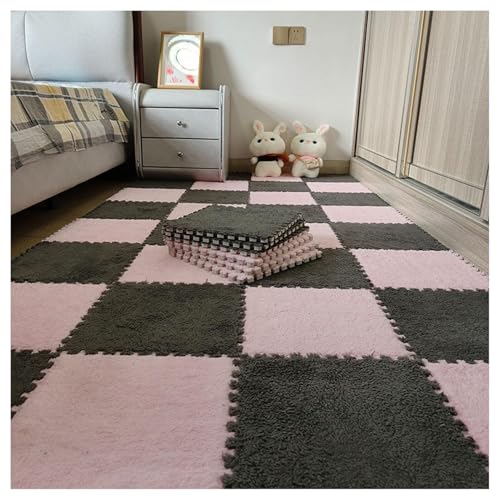 30 Stück 12 x 12 Zoll große ineinander greifende Plüsch-Teppichfliesen, Bodenmatte aus weichem Schaumstoff mit Quadraten, Flauschige Puzzle-Spielmatte aus Schaumstoff(Pink+Gray) von XUZWMAGZJ