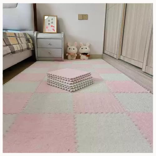30 Stück 12 x 12 Zoll große ineinander greifende Plüsch-Teppichfliesen, Bodenmatte aus weichem Schaumstoff mit Quadraten, Flauschige Puzzle-Spielmatte aus Schaumstoff(Pink+White) von XUZWMAGZJ