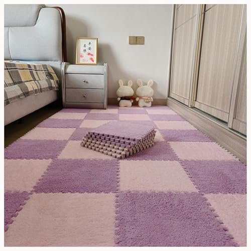 30 Stück 12 x 12 Zoll große ineinander greifende Plüsch-Teppichfliesen, Bodenmatte aus weichem Schaumstoff mit Quadraten, Flauschige Puzzle-Spielmatte aus Schaumstoff(Purple+pink) von XUZWMAGZJ