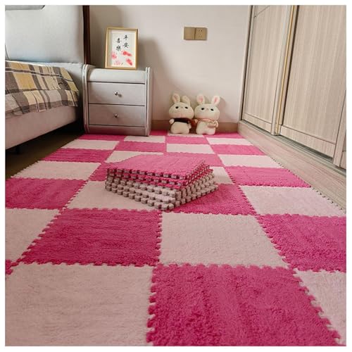 30 Stück 12 x 12 Zoll große ineinander greifende Plüsch-Teppichfliesen, Bodenmatte aus weichem Schaumstoff mit Quadraten, Flauschige Puzzle-Spielmatte aus Schaumstoff(Rose Red+pink) von XUZWMAGZJ