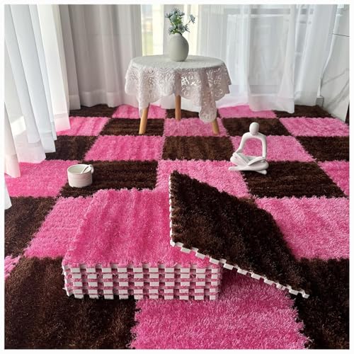 36 Stück, weiche, Flauschige, ineinandergreifende Teppichfliesen, zottelige Spielteppiche, Plüsch-Puzzle-Schaumstoff-Bodenmatten mit Rand(Dark Brown+Rose Red) von XUZWMAGZJ