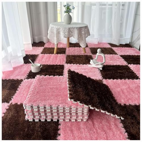 36 Stück, weiche, Flauschige, ineinandergreifende Teppichfliesen, zottelige Spielteppiche, Plüsch-Puzzle-Schaumstoff-Bodenmatten mit Rand(Dark Brown+pink) von XUZWMAGZJ