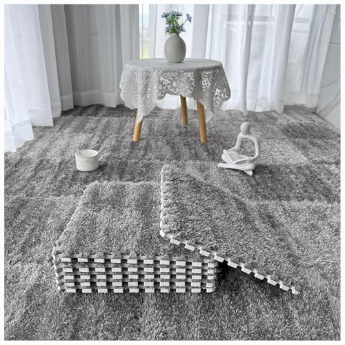 36 Stück, weiche, Flauschige, ineinandergreifende Teppichfliesen, zottelige Spielteppiche, Plüsch-Puzzle-Schaumstoff-Bodenmatten mit Rand(Gray) von XUZWMAGZJ