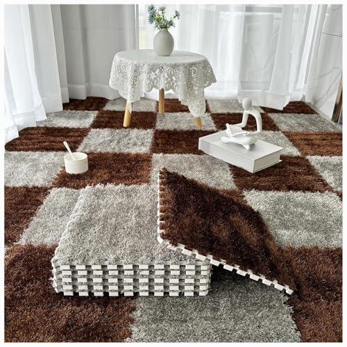 36 Stück, weiche, Flauschige, ineinandergreifende Teppichfliesen, zottelige Spielteppiche, Plüsch-Puzzle-Schaumstoff-Bodenmatten mit Rand(Gray+Dark Brown) von XUZWMAGZJ