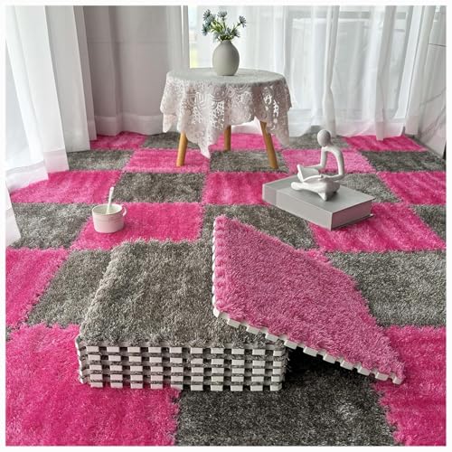 36 Stück, weiche, Flauschige, ineinandergreifende Teppichfliesen, zottelige Spielteppiche, Plüsch-Puzzle-Schaumstoff-Bodenmatten mit Rand(Gray+Rose Red) von XUZWMAGZJ