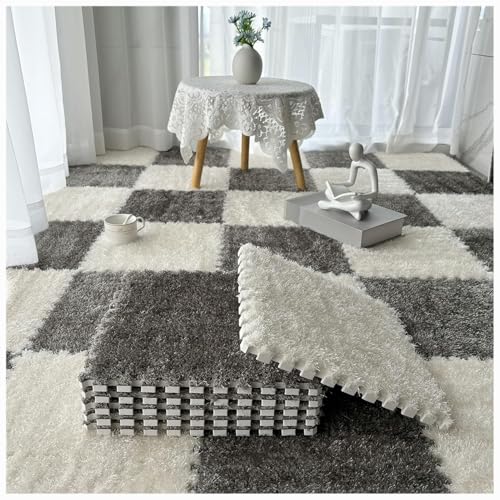 36 Stück, weiche, Flauschige, ineinandergreifende Teppichfliesen, zottelige Spielteppiche, Plüsch-Puzzle-Schaumstoff-Bodenmatten mit Rand(Gray+White) von XUZWMAGZJ