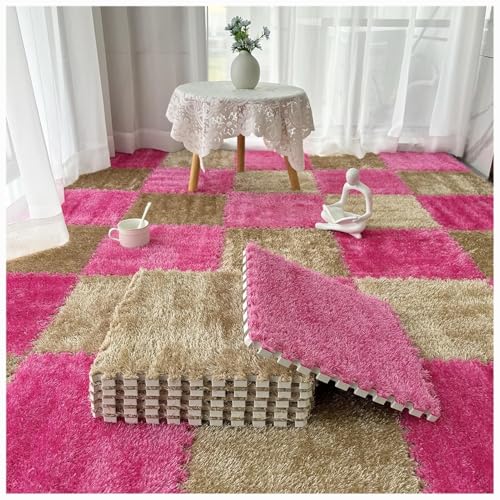 36 Stück, weiche, Flauschige, ineinandergreifende Teppichfliesen, zottelige Spielteppiche, Plüsch-Puzzle-Schaumstoff-Bodenmatten mit Rand(Light Brown+Rose Red) von XUZWMAGZJ