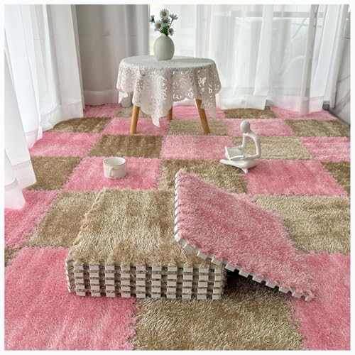 36 Stück, weiche, Flauschige, ineinandergreifende Teppichfliesen, zottelige Spielteppiche, Plüsch-Puzzle-Schaumstoff-Bodenmatten mit Rand(Light Brown+pink) von XUZWMAGZJ
