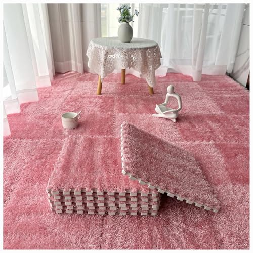 36 Stück, weiche, Flauschige, ineinandergreifende Teppichfliesen, zottelige Spielteppiche, Plüsch-Puzzle-Schaumstoff-Bodenmatten mit Rand(Pink) von XUZWMAGZJ