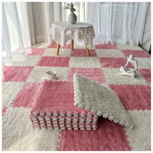 36 Stück, weiche, Flauschige, ineinandergreifende Teppichfliesen, zottelige Spielteppiche, Plüsch-Puzzle-Schaumstoff-Bodenmatten mit Rand(Pink+White) von XUZWMAGZJ