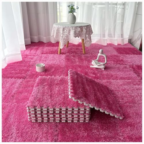 36 Stück, weiche, Flauschige, ineinandergreifende Teppichfliesen, zottelige Spielteppiche, Plüsch-Puzzle-Schaumstoff-Bodenmatten mit Rand(Rose Red) von XUZWMAGZJ
