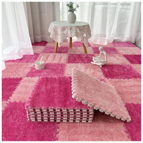 36 Stück, weiche, Flauschige, ineinandergreifende Teppichfliesen, zottelige Spielteppiche, Plüsch-Puzzle-Schaumstoff-Bodenmatten mit Rand(Rose Red+pink) von XUZWMAGZJ