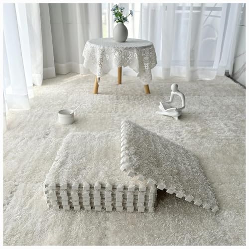 36 Stück, weiche, Flauschige, ineinandergreifende Teppichfliesen, zottelige Spielteppiche, Plüsch-Puzzle-Schaumstoff-Bodenmatten mit Rand(White) von XUZWMAGZJ