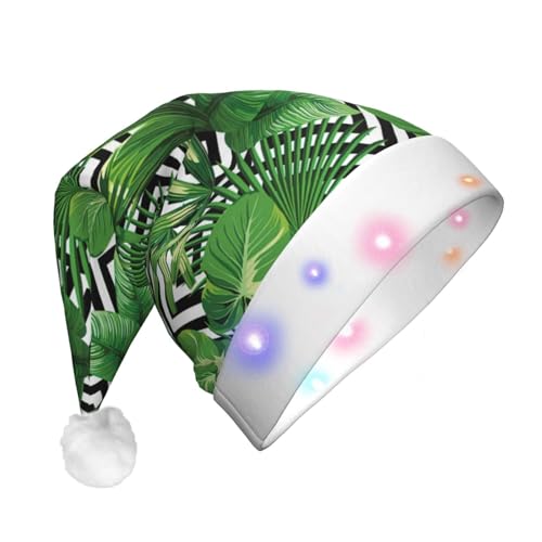XVBCDFG Weihnachtsmütze mit tropischen Vögeln und Pflanzenblättern, hochwertiger Plüschstoff, bedruckt, Unisex, mit blinkenden Lichtern. von XVBCDFG