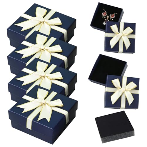 4pcs Schmuck Geschenkboxen, 3x3x1.4 kleine Geschenkboxen Papierschachtel Schmuckschachtel mit Deckel und weißem Bogenknoten Metallic Display für Anhänger Halskette Armband Ohrring Packung B B von XVHOAB