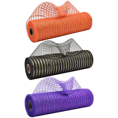 Halloween Deco Mesh 3 Rolls 10in x 30ft Mesh Ribbon with Metallic Foil Cuttable Deco 10 Inch Rolls DIY Ribbon for Wreaths, Craft, Centerpieces, Party Decor, Style 1 von XVHOAB