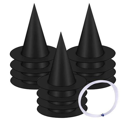 XVHOAB 12 -pcs Witch Hut hängende Halloween Hexenhüte Klappbare Zaubererhut mit 1 Roll Nylonkabel wiederverwendbares schwarzes schwarzes Dekor für Garten Veranda Decke Halloween Dekorationen von XVHOAB