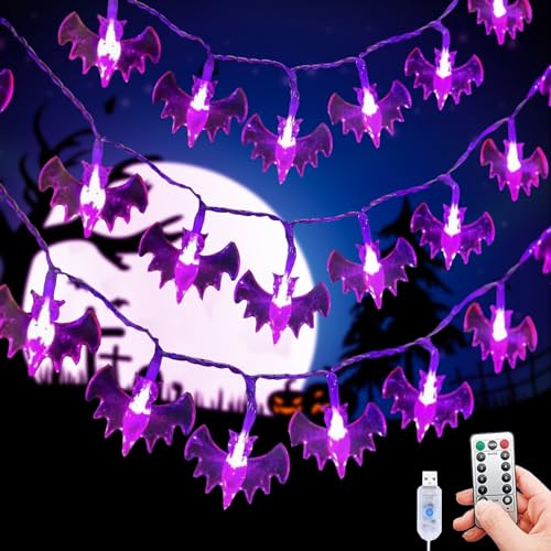 XVZ Halloween Lichterkette, 4m/13ft Halloween Fledermaus Lichterkette mit 20LED, 8Modi, Fernbedienung & USB, Herbst Lichterkette mit Timer für Halloween Innen Außen Party Deko - Lila Fledermaus von XVZ