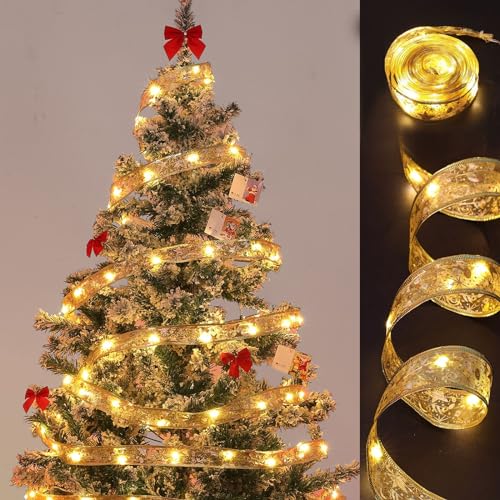 XVZ Weihnachtsband Lichterkette, 10m 100 LED Kupfer Lichterkette 2 Modi Batteriebetrieben, Silbernes Sternmond Schleifenband mit Warmweißem Licht für Weihnachten, Festliche Deko XVZ Weihnachtsband Lichterkette, 10m 100 LED Kupfer Lichterkette 2 Modi Batteriebetrieben, Silbernes Sternmond Schleifenband mit Warmweißem Licht für Weihnachten, Festliche Deko von XVZ