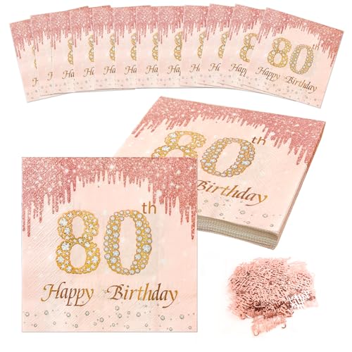 40 Stück Servietten 80. Geburtstag Rosa mit Konfetti, 2 Lagig Happy Birthday 80 Servietten, Tischdekoration Papierservietten für Frau Geburtstag Feiern Party Jubiläum(Rose Gold) von XWCHASA