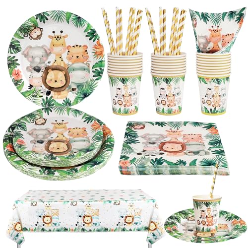 XWCHASA Dschungel Safari Geburtstag Deko Set, 101 Stück Party Supplies Set für 20 Gäste, Kindergeburtstag Deko mit Tischdecke Papier Teller Tassen Strohhalme Servietten von XWCHASA