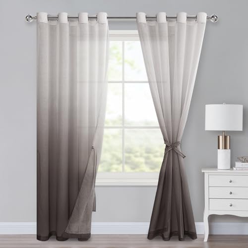 XWZO Ombre Gardinen mit Ösen Farbverlauf Vorhang Voile Sheer Gradient Gardinen 2 er Set für Schlafzimmer und Wohnzimmer Schlaufengardinen mit Raffhalter 225 x 140cm (H x B) Kaffeebraun von XWZO