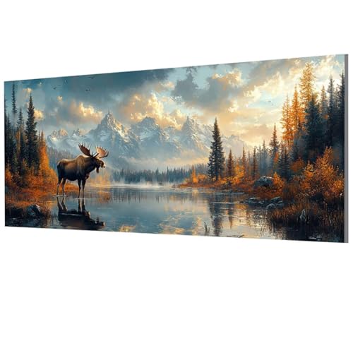 Malen Nach Zahlen Erwachsene Elch, See Malen Nach Zahlen Leinwand, DIY Bastelset Erwachsene Paint by Numbers mit Pinseln und Acrylpigment für Zimmer Deko Wohnzimmer, Geschenke 40x80cm, Model-1363 von XXDBBDOU