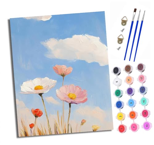 Malen Nach Zahlen Erwachsene - AnfäNger - Knitterfreie Leinwand Blauer Himmel und Blumenmeer Pinsels Und Acrylfarbe - Diy öLgemäLde Kit Als Geschenk 40 X 50cm Mit Rahmen von XXHXIE