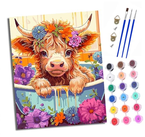 Malen Nach Zahlen Erwachsene - AnfäNger - Knitterfreie Leinwand Blumenkuh beim Baden Pinsels Und Acrylfarbe - Diy Handgemalt öLgemäLde Kit Als Geschenk 40 X 50cm von XXHXIE