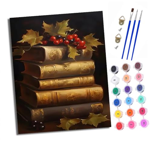Malen Nach Zahlen Erwachsene - AnfäNger - Knitterfreie Leinwand Bücher und rote Beeren Pinsels Und Acrylfarbe - Diy öLgemäLde Kit Als Geschenk 40 X 50cm Mit Rahmen von XXHXIE