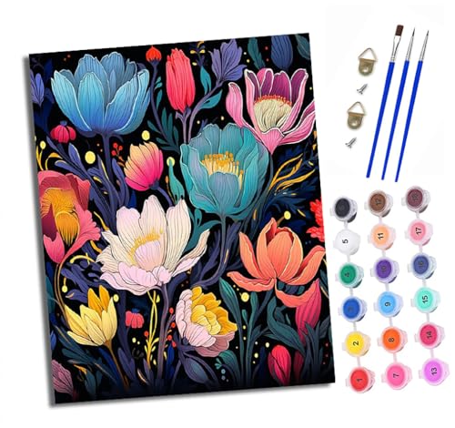 Malen Nach Zahlen Erwachsene - AnfäNger - Knitterfreie Leinwand Bunte Blumen auf dunklem Hintergrund Pinsels Und Acrylfarbe - Diy Handgemalt öLgemäLde Kit Als Geschenk 40 X 50cm Malen Nach Zahlen Erwachsene - AnfäNger - Knitterfreie Leinwand Bunte Blumen auf dunklem Hintergrund Pinsels Und Acrylfarbe - Diy Handgemalt öLgemäLde Kit Als Geschenk 40 X 50cm von XXHXIE