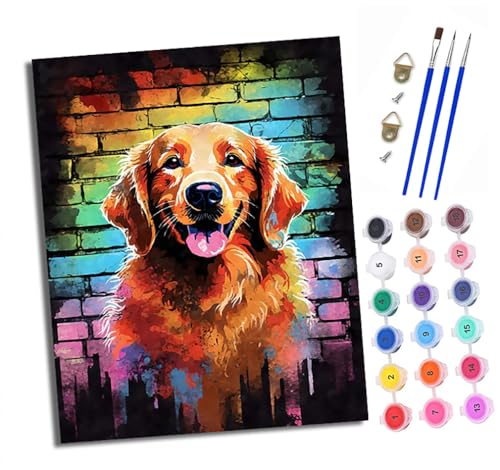 Malen Nach Zahlen Erwachsene - AnfäNger - Knitterfreie Leinwand Bunter Golden Retriever Pinsels Und Acrylfarbe - Diy öLgemäLde Kit Als Geschenk 40 X 50cm Mit Rahmen von XXHXIE