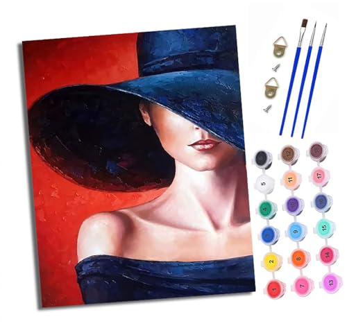 Malen Nach Zahlen Erwachsene - AnfäNger - Knitterfreie Leinwand Dame mit blauem Hut Pinsels Und Acrylfarbe - Diy Handgemalt öLgemäLde Kit Als Geschenk 40 X 50cm von XXHXIE