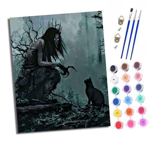 Malen Nach Zahlen Erwachsene - AnfäNger - Knitterfreie Leinwand Der seltsame Mann im Wald und die schwarze Katze Pinsels Und Acrylfarbe - Diy öLgemäLde Kit Als Geschenk 40 X 50cm Mit Rahmen von XXHXIE